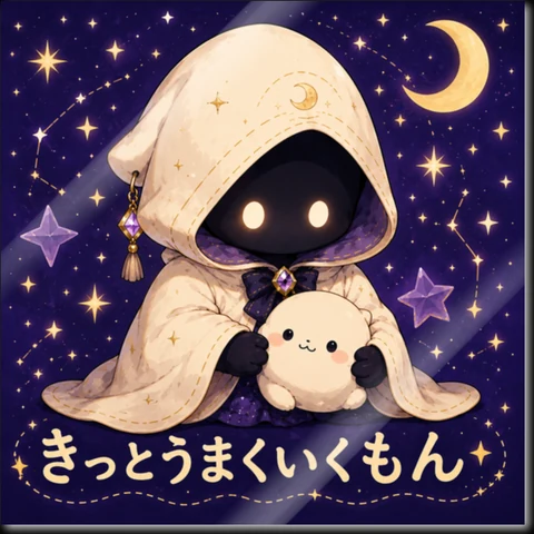 みるもんステッカー「きっとうまくいくもん」— 星空の下でぬいぐるみを抱くみるもん