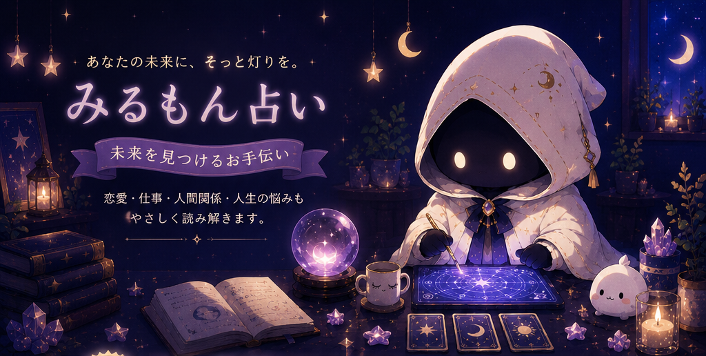 星空の書斎で、フードを被った占い師みるもんが水晶玉とタロットカードに囲まれ、光る魔法陣のタブレットに筆を走らせている